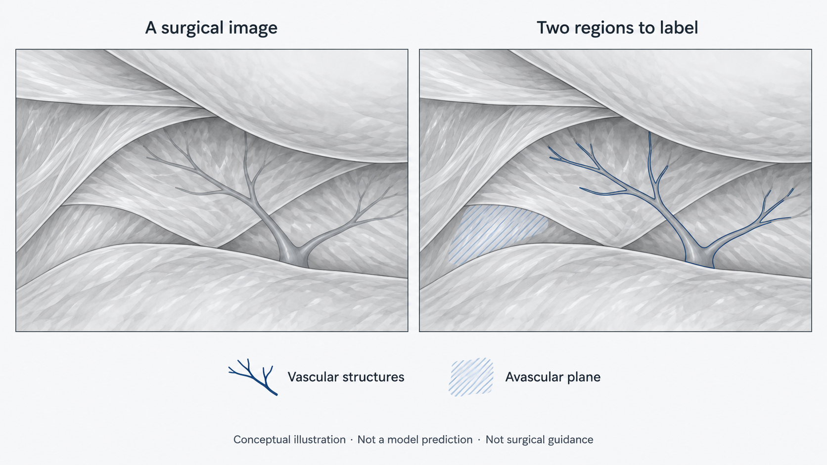 Two-panel conceptual diagram of the same simplified tissue scene, first without labels and then with vascular structures outlined in dark blue and an avascular-plane region marked by pale-blue hatching. Other tissue remains unlabeled.